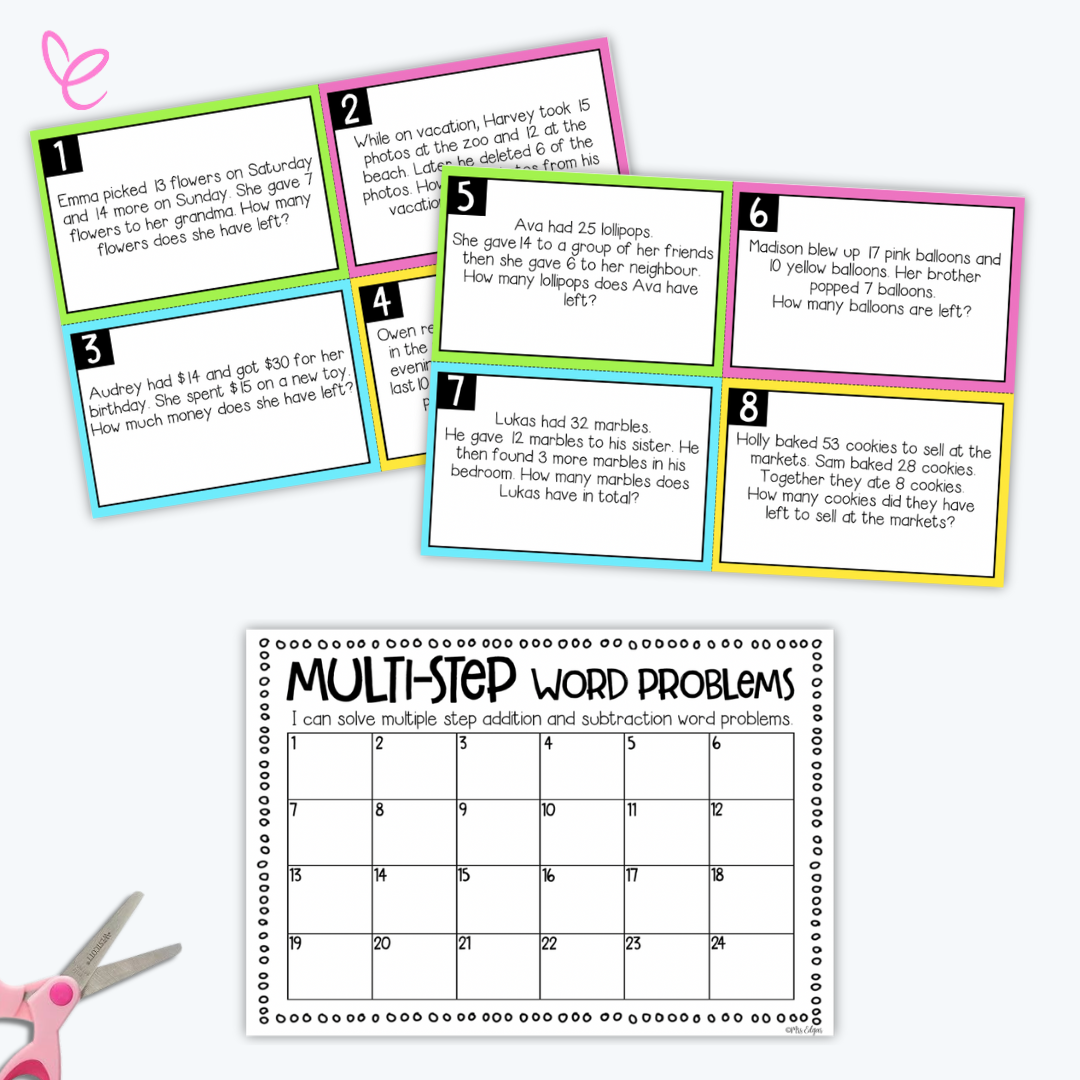 A photo of the digital teacher printable 'Interactive Multi-Step Word Problems Task Cards' featuring a white background.