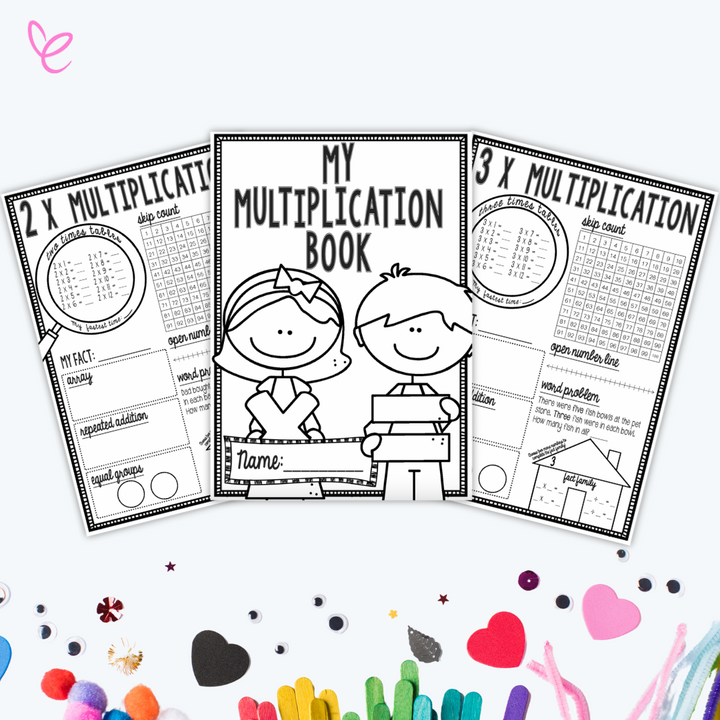 Digital download Multiplication Book Revision Homework pages displayed with craft items, designed for interactive maths practice and student engagement.