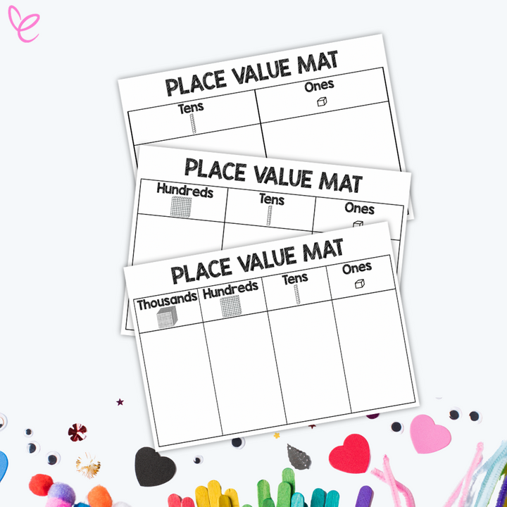 A set of three place value mats designed for teaching mathematics. The first mat features columns labeled 'Tens' and 'Ones' with visual cube representations. The second mat includes 'Hundreds,' 'Tens,' and 'Ones,' while the third expands to 'Thousands,' 'Hundreds,' 'Tens,' and 'Ones.' 