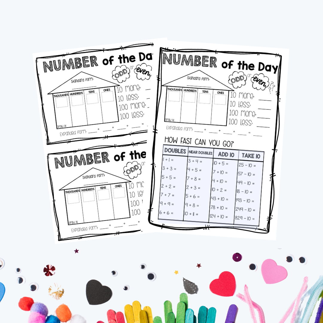 Black and white printable worksheet titled 'Number of the Day' featuring sections for place value (thousands, hundreds, tens, ones), expanded form, and calculations for 10 and 100 more or less. The sheet has a playful, doodle-style border.