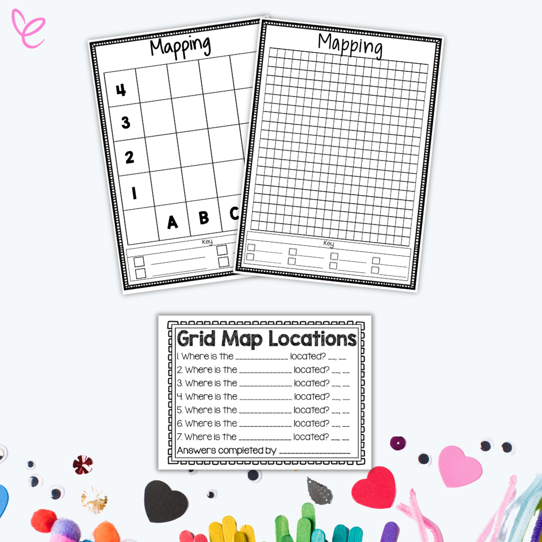 Three printable worksheets for grid mapping activities, including a 4x4 grid, a large detailed grid, and a 'Grid Map Locations' sheet with space to record coordinates and answers. Decorative classroom elements like colourful pom-poms, hearts, and googly eyes are scattered at the bottom for a creative touch