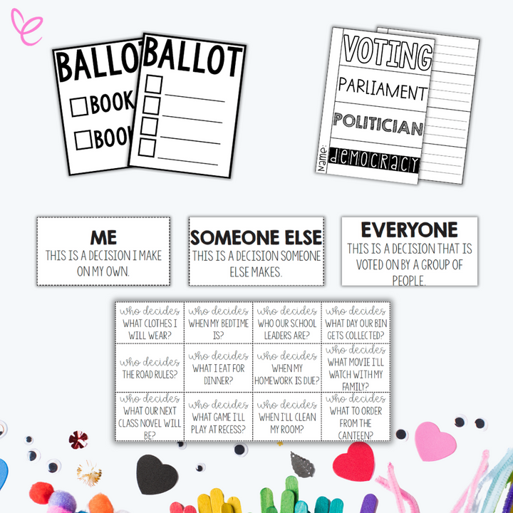 A collection of printable resources for Year 3 Civics and Citizenship, including ballot templates, vocabulary worksheets on voting and democracy, decision-making cards categorised as 'Me,' 'Someone Else,' and 'Everyone,' and a set of 'Who Decides?' activity cards.