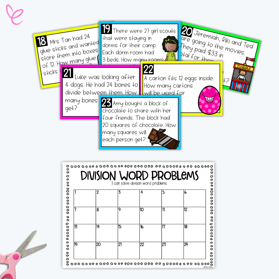 A set of division word problem task cards featuring scenarios such as dividing glue sticks, arranging scouts in dorm rooms, and sharing chocolate. The bottom includes a recording sheet titled 'Division Word Problems,' with spaces to match answers for all 24 tasks.