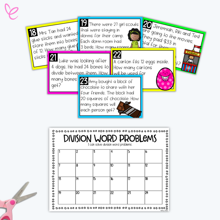 A set of division word problem task cards featuring scenarios such as dividing glue sticks, arranging scouts in dorm rooms, and sharing chocolate. The bottom includes a recording sheet titled 'Division Word Problems,' with spaces to match answers for all 24 tasks.