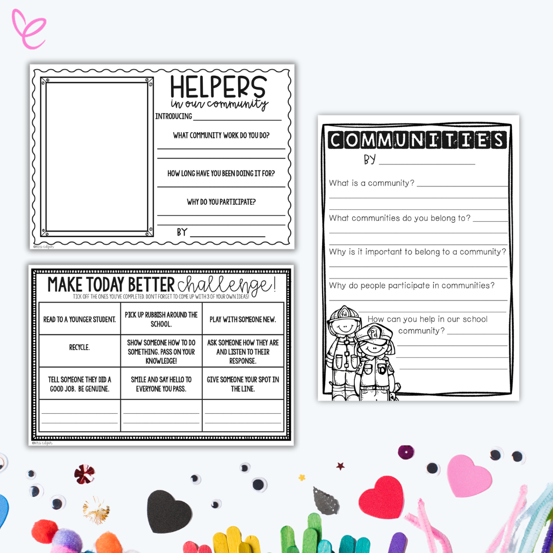 Three printable worksheets for teaching community and kindness. Each sheet includes prompts and activities for students to explore community roles and ways to contribute positively.