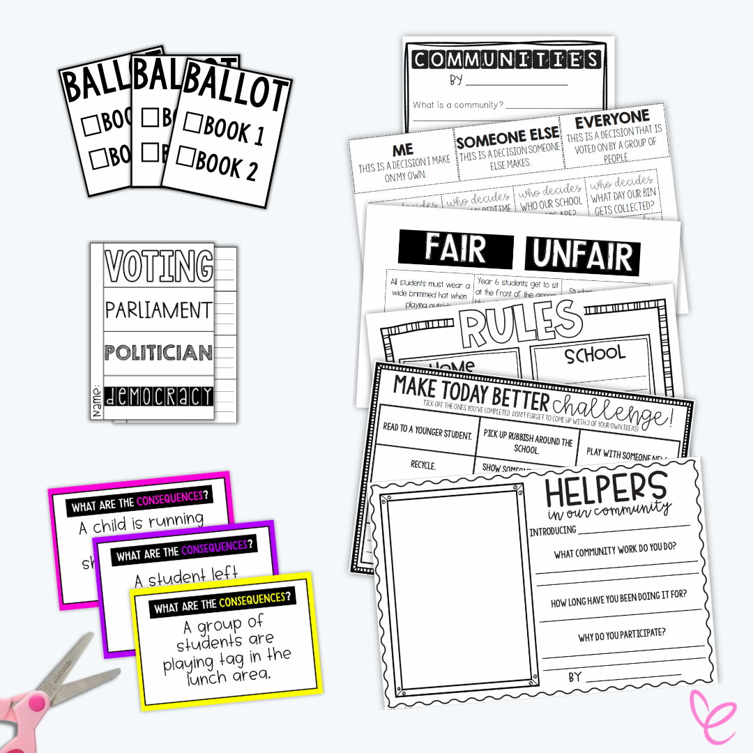 HASS Year 3 Civics and Citizenship digital download activity bundle featuring topics on Voting and Democracy, Importance of Rules, and Community Participation