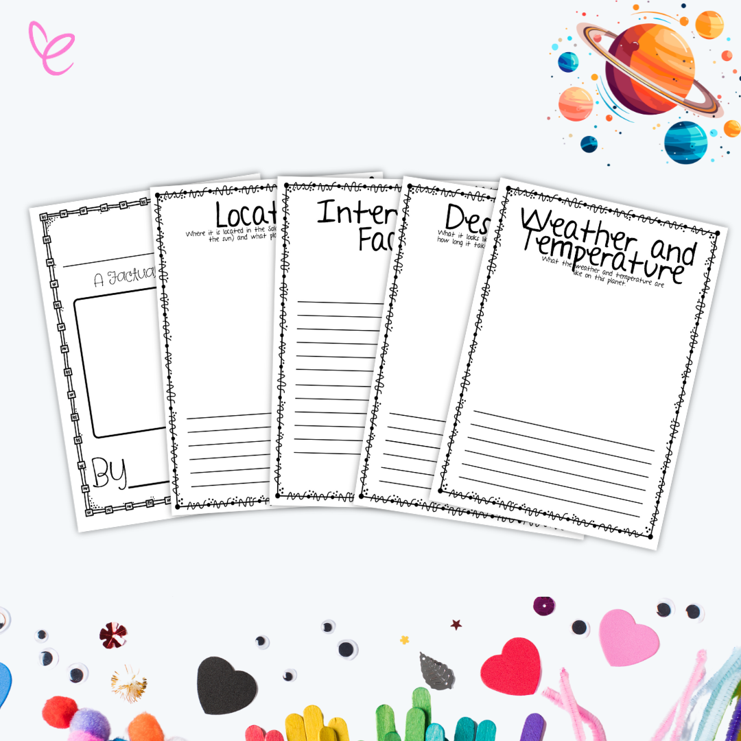 A set of printable worksheets for a Planet Report Mini-Book, including pages for 'Location,' 'Interesting Facts,' 'Description,' 'Features,' and 'Weather and Temperature.' The colourful layout features a planetary theme at the top, inspiring student creativity.