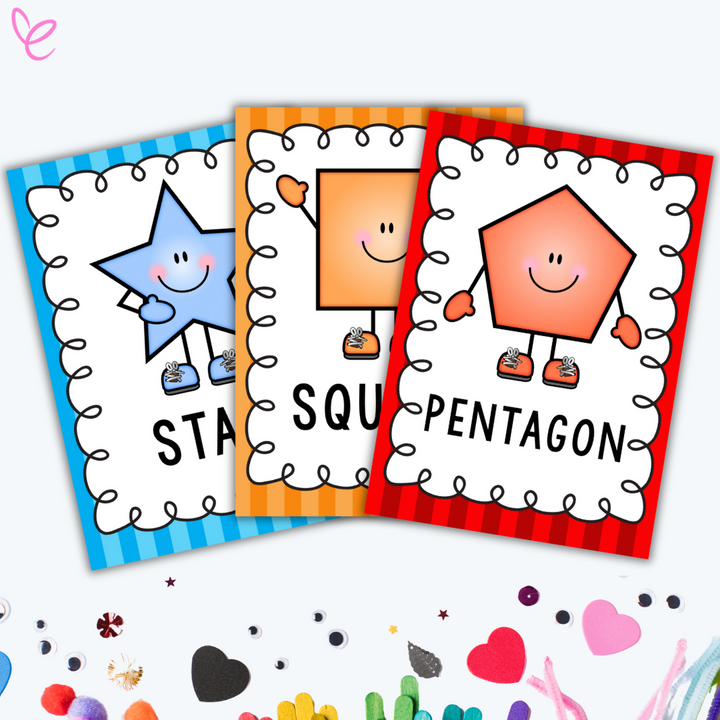 Three bright, cartoon-style shape posters featuring smiling shapes with arms and legs. Displayed on white background with other craft items.