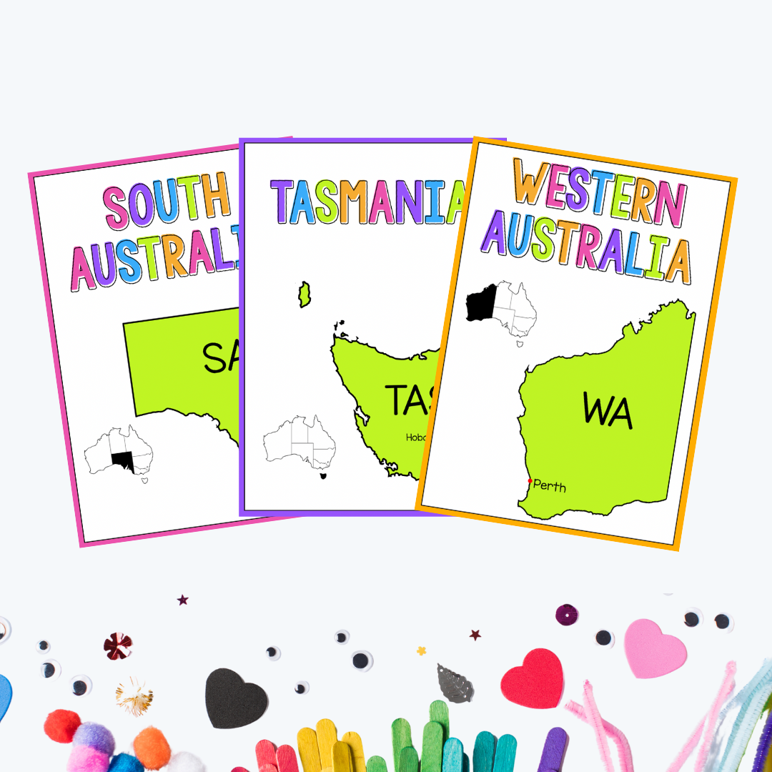 Three colourful posters showcasing Australian states: South Australia in pink, Tasmania in purple, and Western Australia in orange, each with the state's abbreviation and a highlighted map.