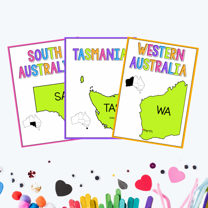 Three colourful posters showcasing Australian states: South Australia in pink, Tasmania in purple, and Western Australia in orange, each with the state's abbreviation and a highlighted map.