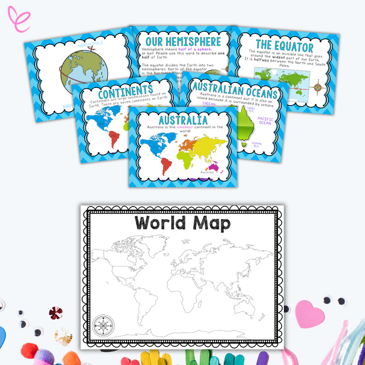 Set of vibrant geography PowerPoint slides and an activity worksheet for Year 2 students, showing a world map and details about continents, Australian oceans, hemispheres, and the equator.