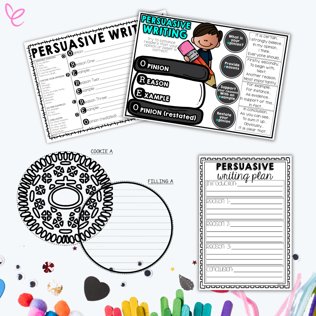 Persuasive writing teaching resource with colourful visuals explaining the OREO structure: Opinion, Reason, Example, Opinion (restated). Includes a breakdown of persuasive phrases, a writing template shaped like an OREO cookie, and a planning worksheet with sections for an introduction, reasons, examples, and conclusion. 