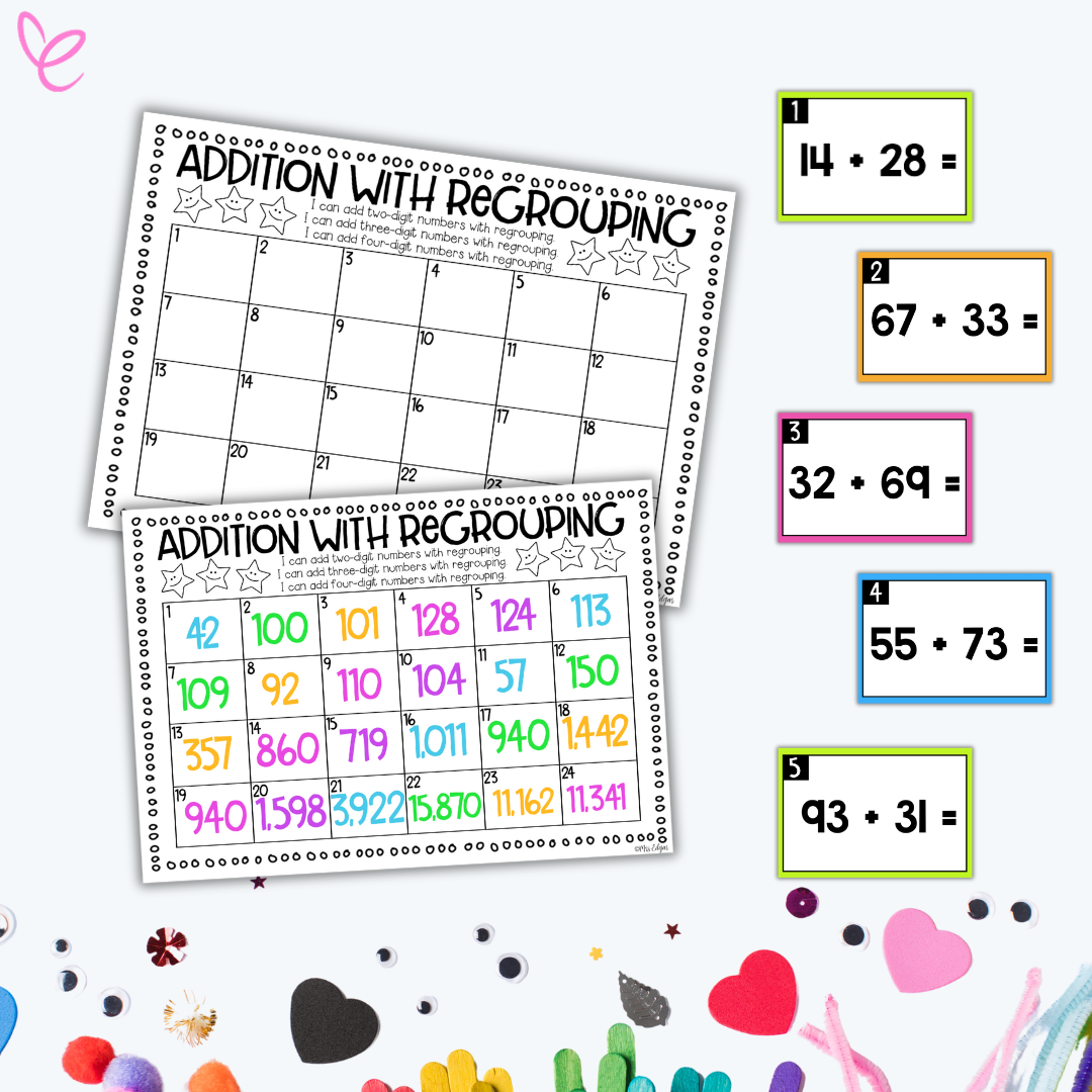 Addition task cards and worksheets for practising addition with regrouping, including sums like 14 + 28 and 67 + 33, shown in a classroom setting.