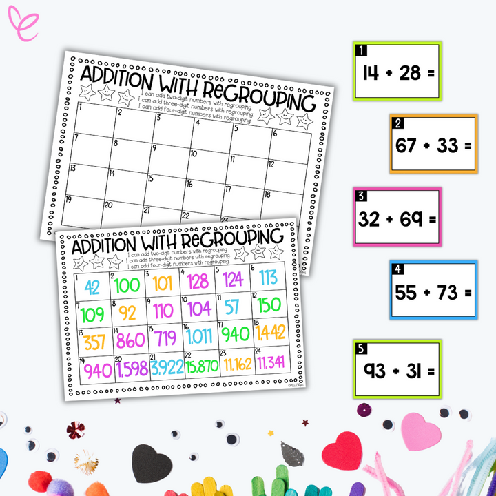 Addition task cards and worksheets for practising addition with regrouping, including sums like 14 + 28 and 67 + 33, shown in a classroom setting.