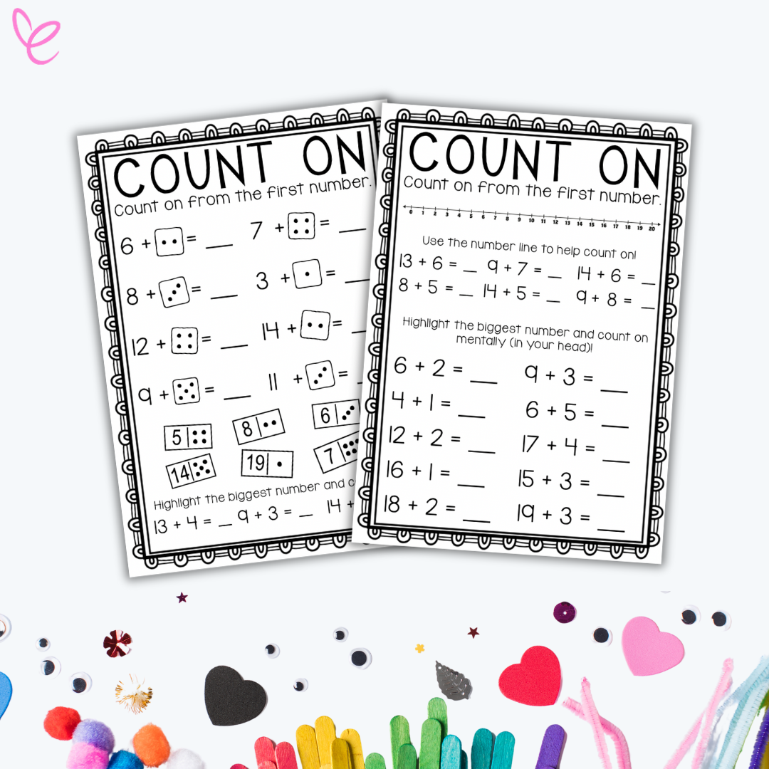 Two "Count On" worksheets displayed with addition activities featuring dice visuals and a number line, surrounded by craft items for classroom use.