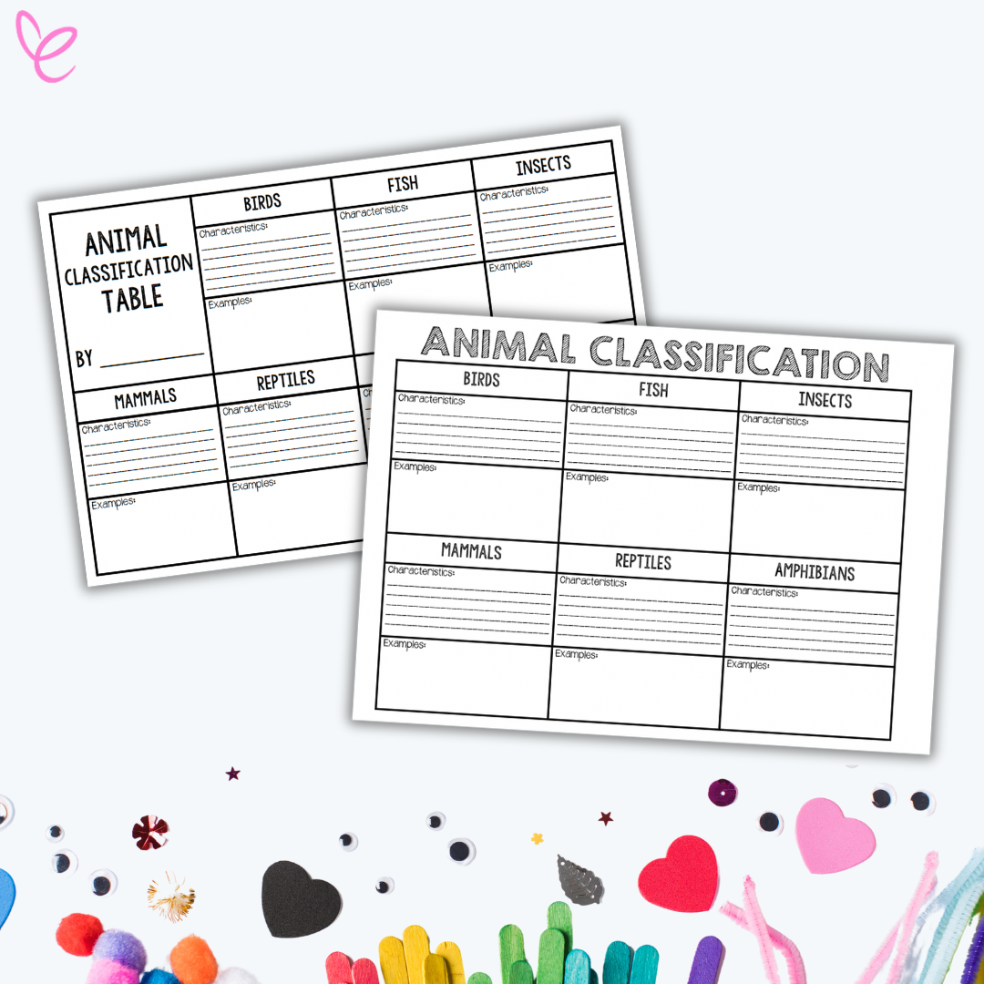 Two animal classification worksheets, one with a 'By:' section and another titled 'Animal Classification,' showcasing categories such as birds, fish, insects, mammals, reptiles, and amphibians, surrounded by colourful craft materials like hearts and popsicle sticks.