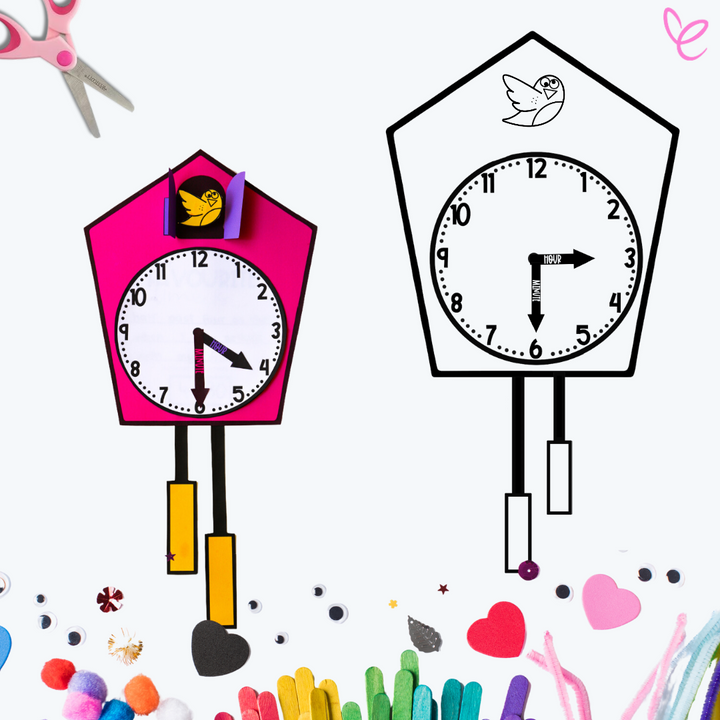 interactive Cuckoo Clock craftivity for kids, featuring a fun, hands-on activity to teach and practice telling time.
presented with other craft items such as scissors, pom poms etc