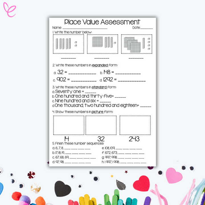 A Place Value Assessment worksheet with black-and-white illustrations of base ten blocks and sections for writing numbers in expanded and standard form, completing number sequences, and representing numbers as pictures. Decorated with colourful craft supplies at the bottom of the image.