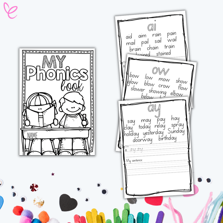 Six phonics activity pages featuring different sounds such as 'ay,' 'ai,' 'ow,' 'oa,' and 'oo.' Each page includes a word list for practice, handwriting lines in SA font, and a space for students to form sentences using the target sound.