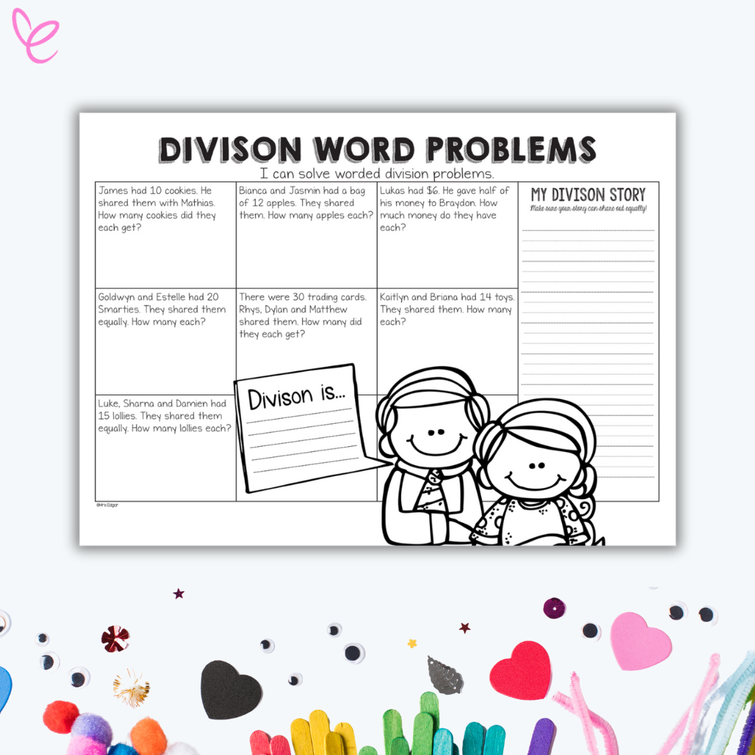 Division Word Problems worksheet featuring seven division problems with space for students to show their workings. Includes sections for writing a personal division story and defining the concept of division with a drawing of two children at the bottom.