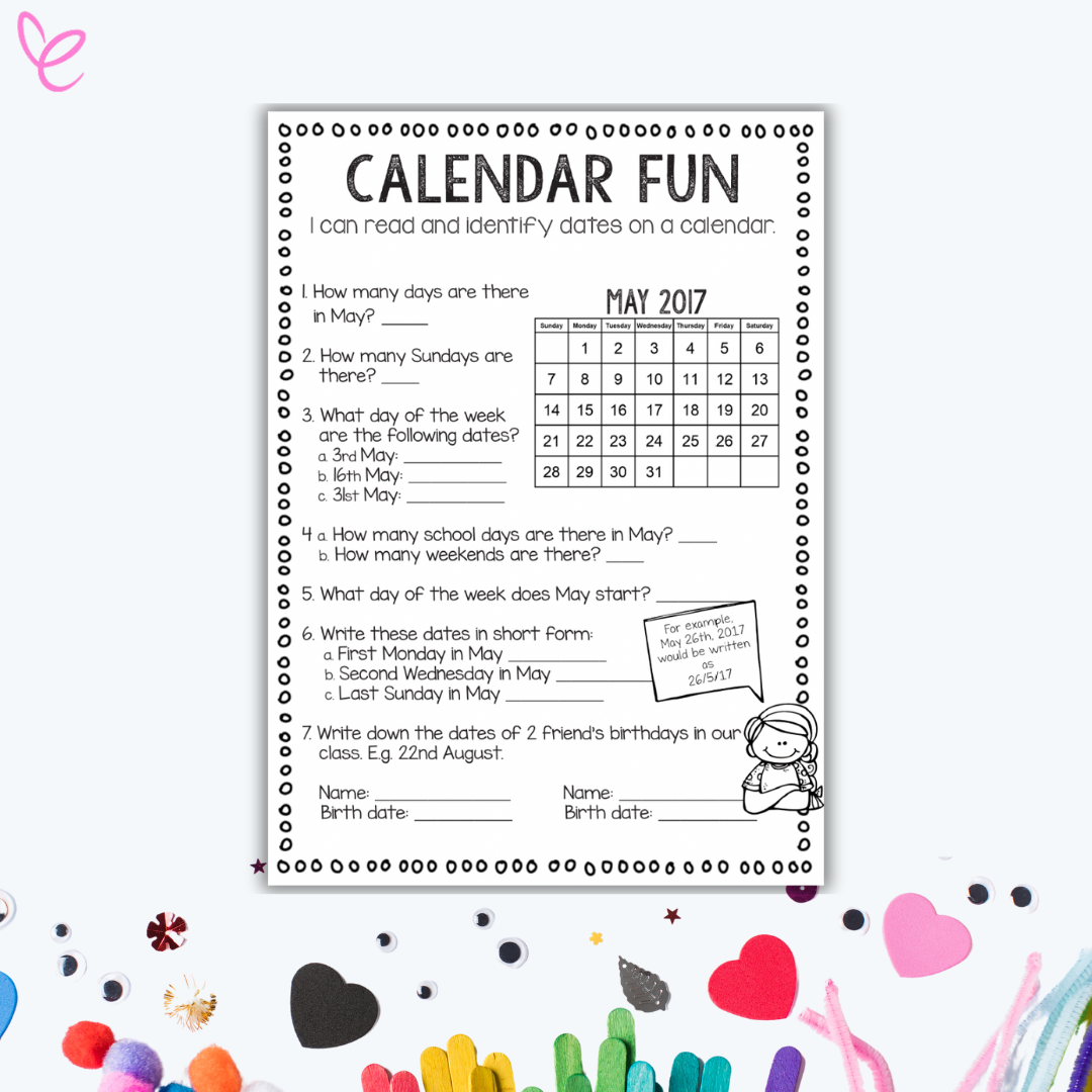 Calendar Fun worksheet featuring a May 2017 calendar and activities such as identifying days of the week, weekends, and writing dates in short form.