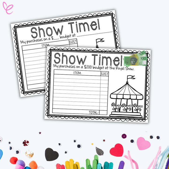 Two versions of a budgeting activity sheet titled 'Show Time!' for primary students, including a carousel illustration and itemized cost list for adding expenses.