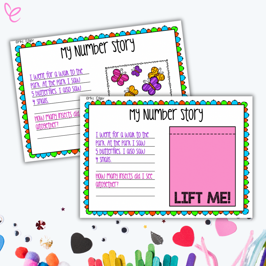 A colourful worksheet titled 'My Number Story' featuring a math story problem with butterflies and snails illustrations. The worksheet includes space for students to write the story and answer the question about the total number of insects.