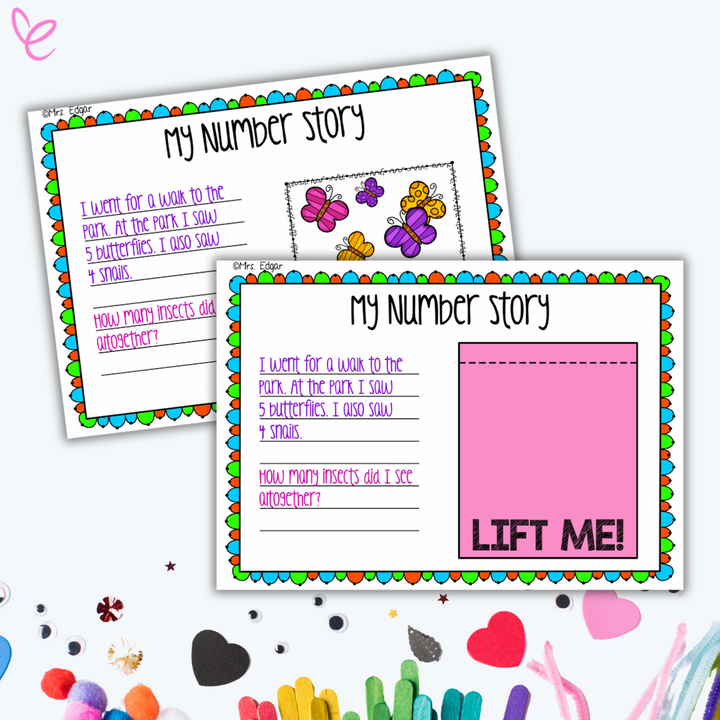 A colourful worksheet titled 'My Number Story' featuring a math story problem with butterflies and snails illustrations. The worksheet includes space for students to write the story and answer the question about the total number of insects.