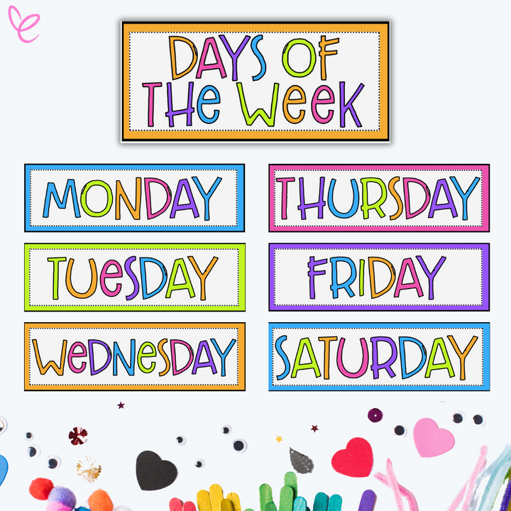 Colourful Days of the Week charts featuring the days Monday through Saturday, each in a unique rainbow design, with a title card reading 'Days of the Week.