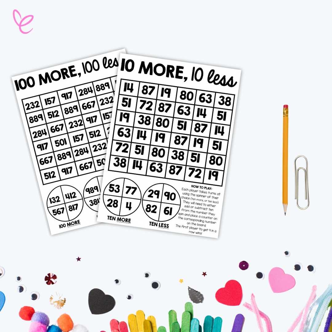 A photo of the Interactive 10 More and Less, 100 More and Less games for kids, featuring a white background displayed with over craft items.