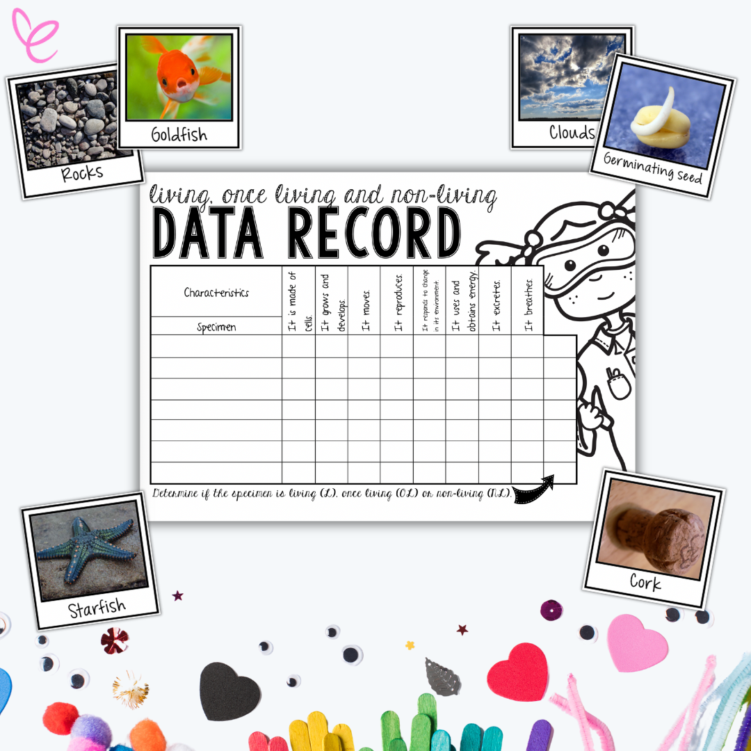 Living, Once Living, and Non-Living Data Record worksheet with images of items like rocks, goldfish, clouds, and starfish for classification activity.