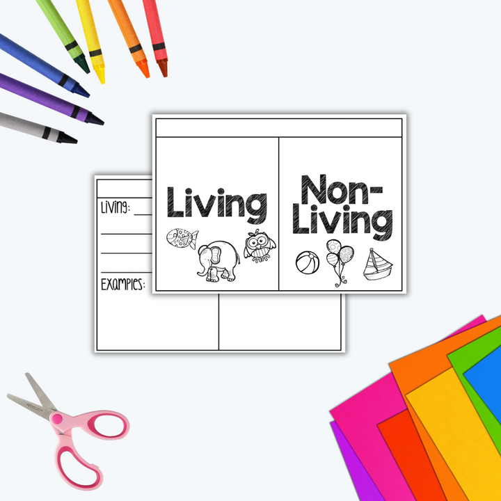 A classroom activity setup with a "Living and Non-Living" sorting worksheet, colourful cardstock, crayons, and scissors. A second worksheet with sections for listing living things and examples is partially visible underneath.