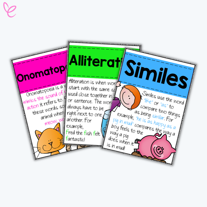 Three brightly coloured figurative language posters for onomatopoeia, alliteration, and similes. Each poster features a playful design, a definition, and engaging examples using fun illustrations, making them ideal for classroom literacy displays.