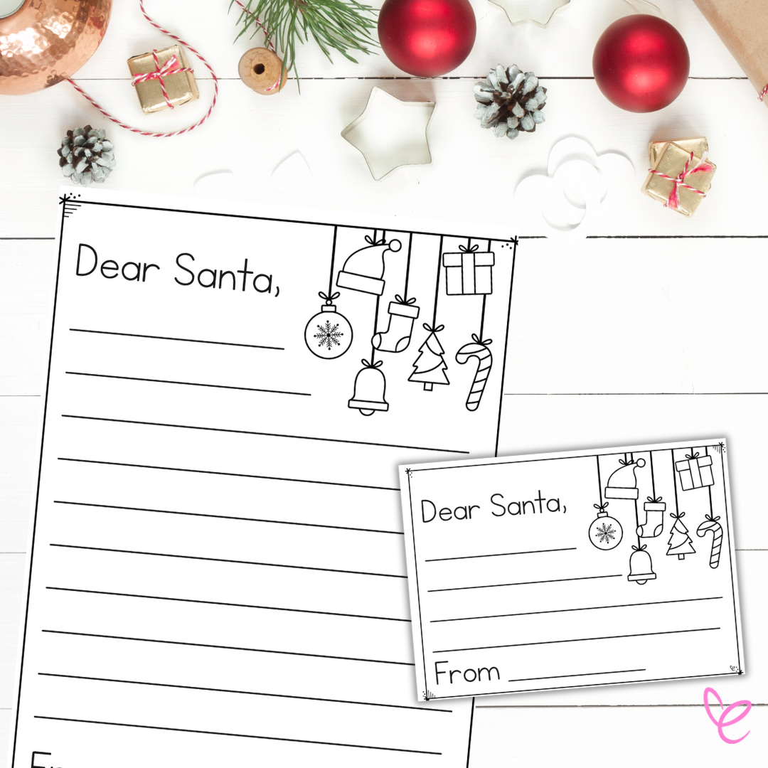 Printable Letter to Santa activity with festive decorations in the top right, shown in two sizes against a festive background, ideal for classrooms.