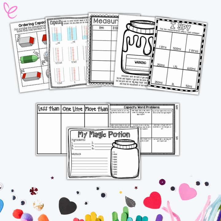 A black-and-white printable resource pack covering liquid measurement, including a capacity sorting chart, word problems, estimation charts, and a magic potion activity.
