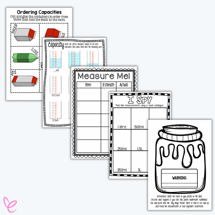 A set of black-and-white printable worksheets covering capacity, measurement estimation, and ordering liquid volumes. Includes an "I Spy" worksheet for finding measurements and a potion-themed activity.