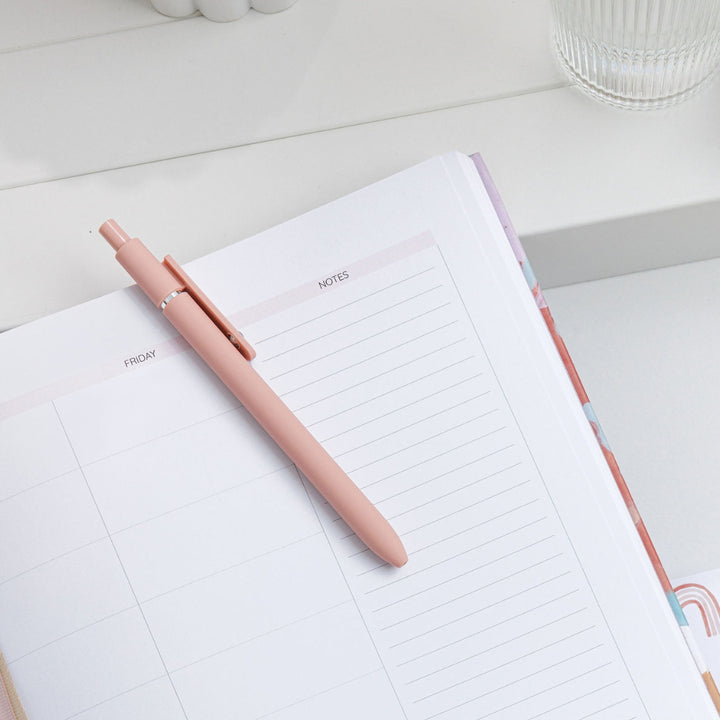 Top right close-up of 2025 Classic Weekly Teacher Planner’s term overview page, showing notes section with a pen on top.