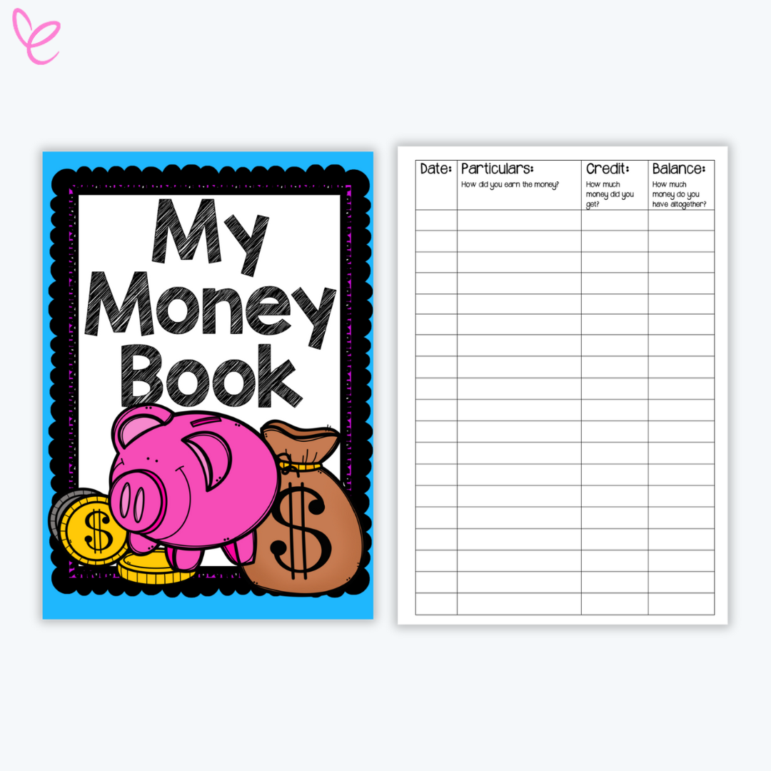 A student financial tracking journal titled "My Money Book," with a piggy bank illustration on the cover and a blank savings log.