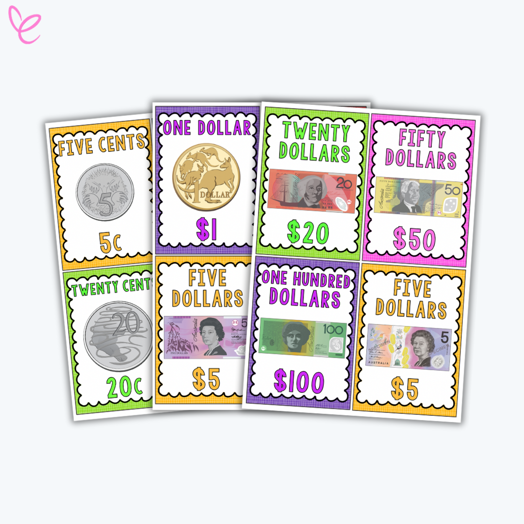 A set of brightly colored flashcards displaying Australian coins and banknotes, labeled with their corresponding values.