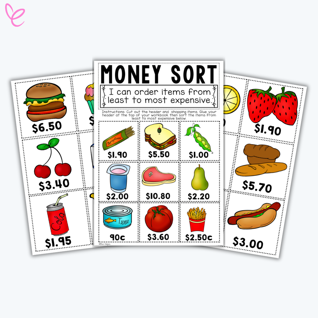  A colorful "Money Sort" activity where students order illustrated food items by price from least to most expensive.