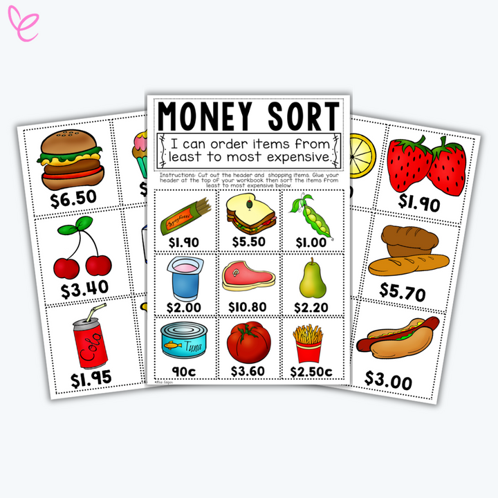  A colorful "Money Sort" activity where students order illustrated food items by price from least to most expensive.