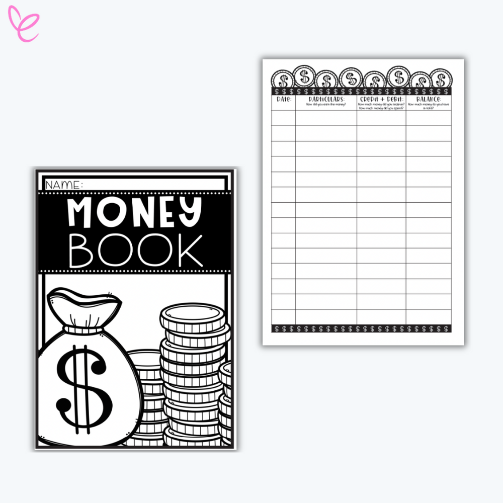 Black-and-white money management worksheet for students titled 'Money Book,' featuring a cover with a bag of money and coins, and a recording sheet with columns for date, debits/credits, and balances