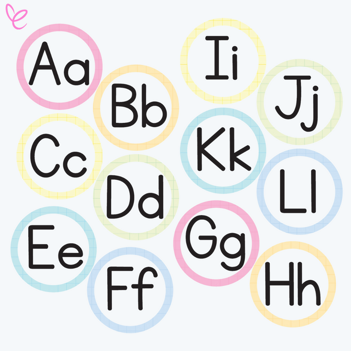 Twelve gentle-coloured alphabet circles showcasing uppercase and lowercase letters from 'Mm' to 'Xx' in pastel shades of pink, yellow, green, and blue. Letters are neatly arranged in three rows for a soft and organised look.