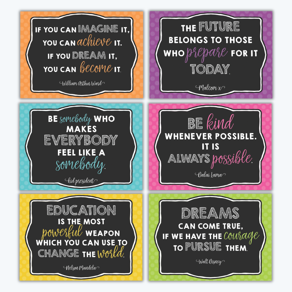 A set of six colourful motivational posters featuring inspiring quotes. Each poster has a polka dot background in various colours such as orange, purple, teal, pink, yellow, and green, with chalkboard-style quotes promoting themes of kindness, courage, perseverance, and education.