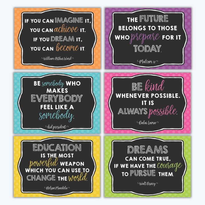 A set of six colourful motivational posters featuring inspiring quotes. Each poster has a polka dot background in various colours such as orange, purple, teal, pink, yellow, and green, with chalkboard-style quotes promoting themes of kindness, courage, perseverance, and education.