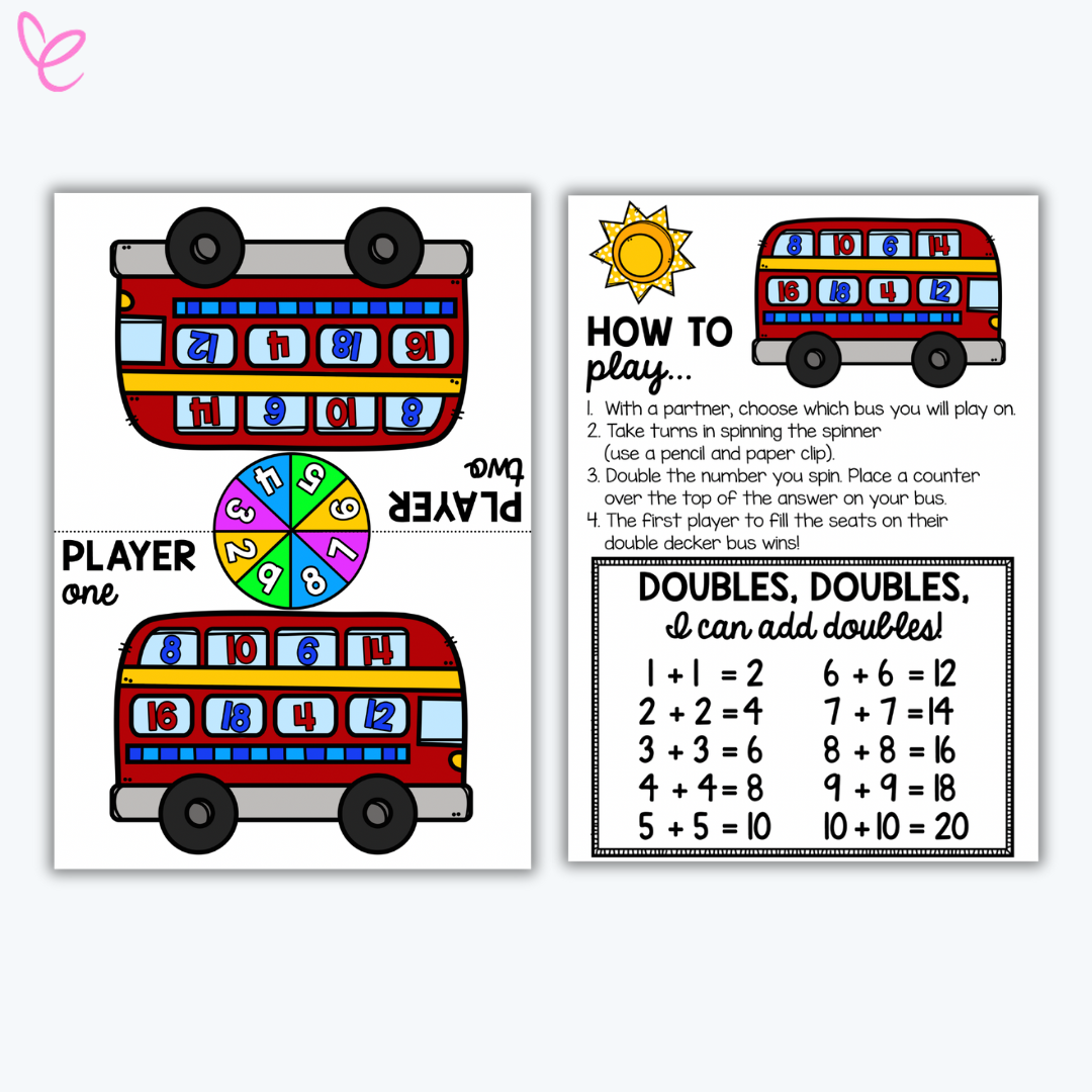 Double-decker bus maths activity for two players. Includes detailed instructions, a spinner, a doubles chart, and colourful numbered buses to make learning doubles interactive and fun.