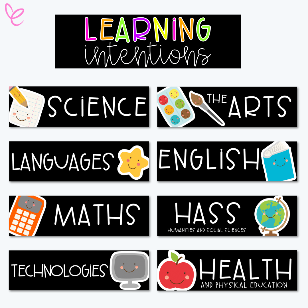 A set of black subject labels with white handwritten-style text, each featuring a cheerful icon representing subjects such as science, maths, English, and the arts.