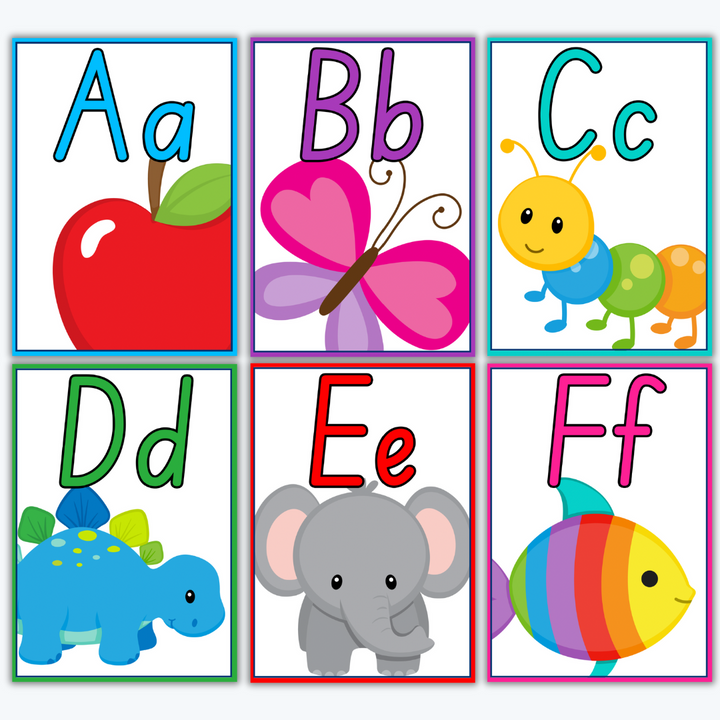  A bright and engaging set of classroom alphabet posters, each featuring an uppercase and lowercase letter alongside an illustrated object or animal representing the letter sound.