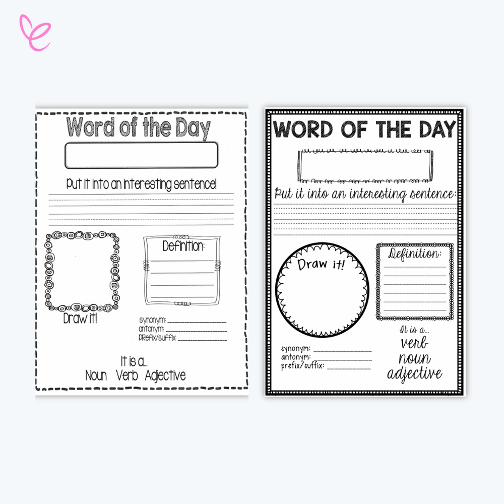 Interactive Word of the Day templates for vocabulary and spelling practice, designed as digital teacher resources with engaging layouts.