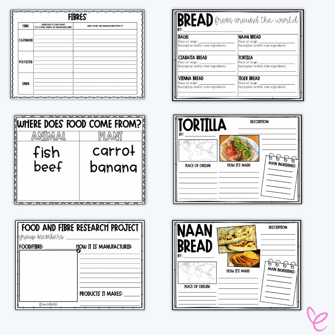 Engaging Food and Fibre lessons for Year 3/4, featuring various foods and fibre materials with interactive activities and detailed plans. displayed side by side.